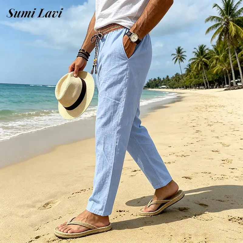 

Retro Ethnic Printed Patchwork Linen Pants Men Summer Beach Vintage Drawstring Loose Trousers Mens Outdoor Casual Linen Trousers