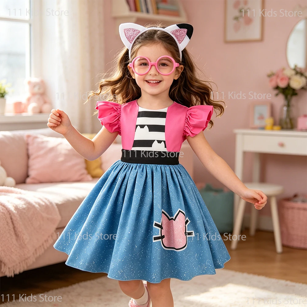 Katzenkleid mit Flügelärmeln und Streifenmuster für Mädchen, Sommerkleider, Cosplay-Kostüm, Karnevalsoutfits, Kindergeburtstagsgeschenk