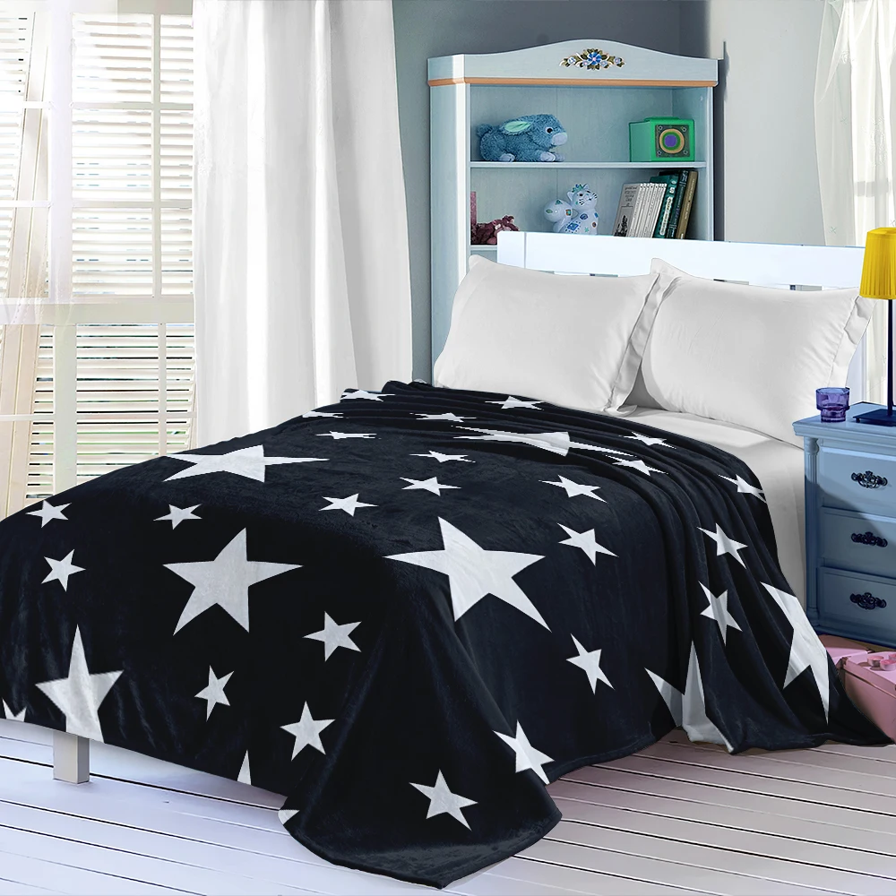 Navy White Stars Scattered Flannel Blanket Perfect For Sofa Office Bed Travel Sleep Read Relax Camping Four Season Use