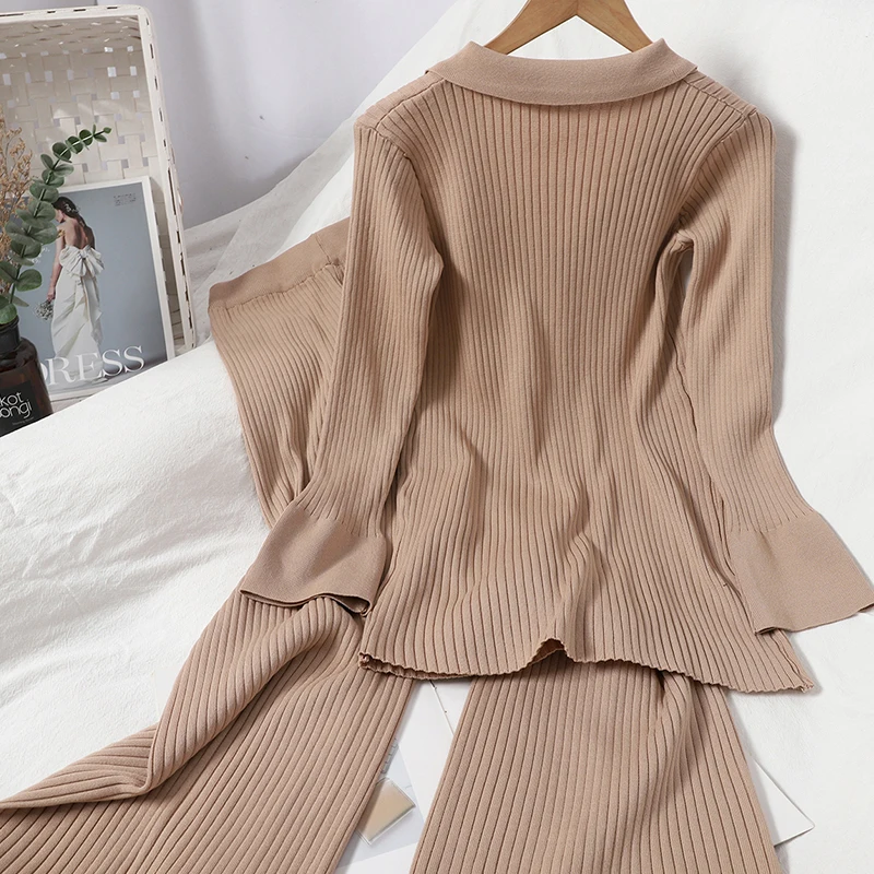 Autumn Winter New Knit Suit Korean Sweaters Two Piece Sets Wild Lapel Cardigan Shirt Loose Wide Leg Pants Two-piece Suit Women