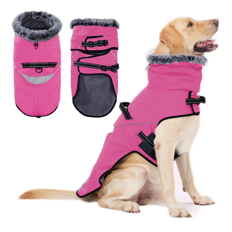 

Warm Dog Coat Reflective Harness Ring Dog Winter Jacket with Rabbit Fur Collar Dog Fleece Vest Snowsuit Cold Weather Pet Outfit