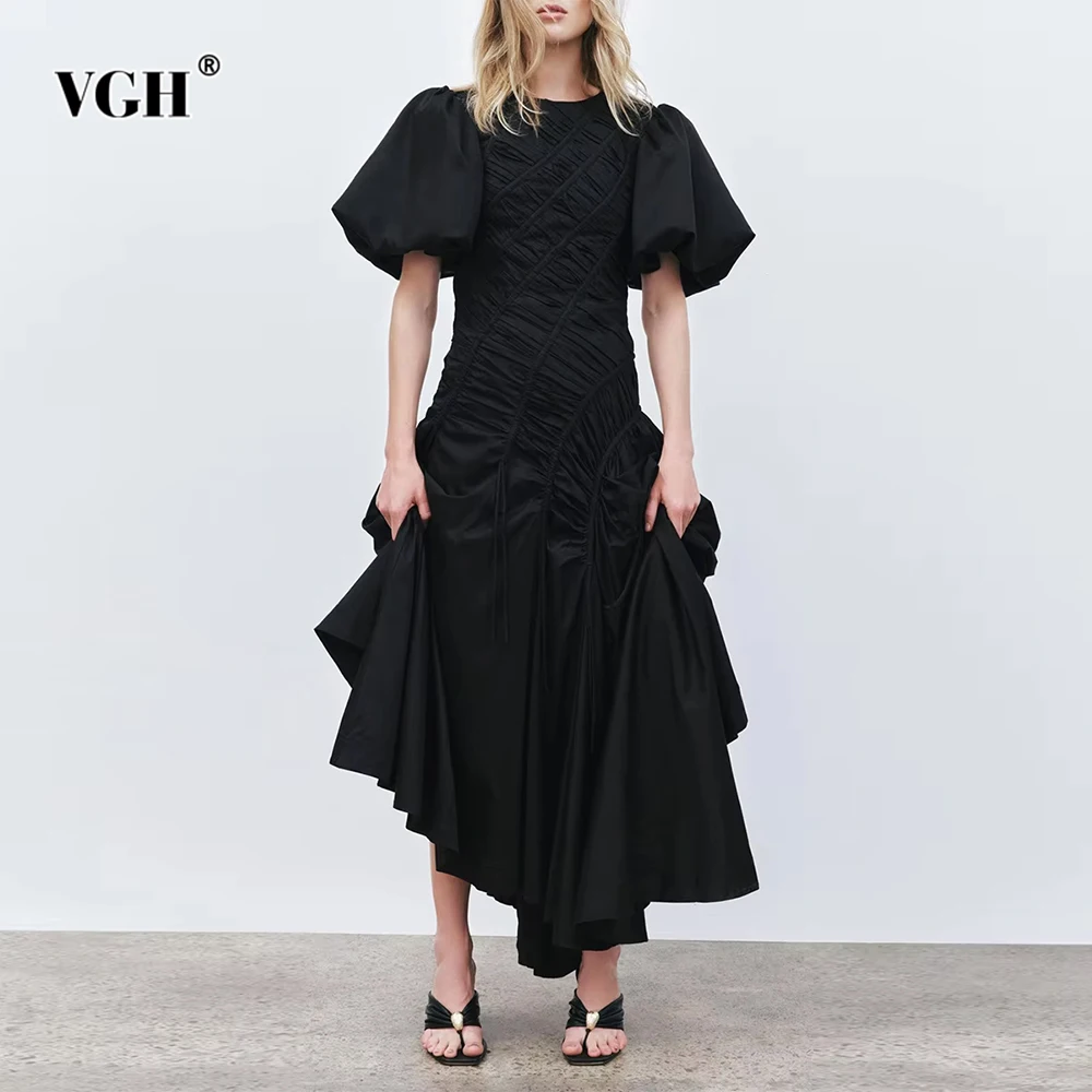 

VGH Temperament Folds Slimming Dresses For Women Round Neck Short Sleeve High Waist Summer Party Chic Dress Female Fashion New