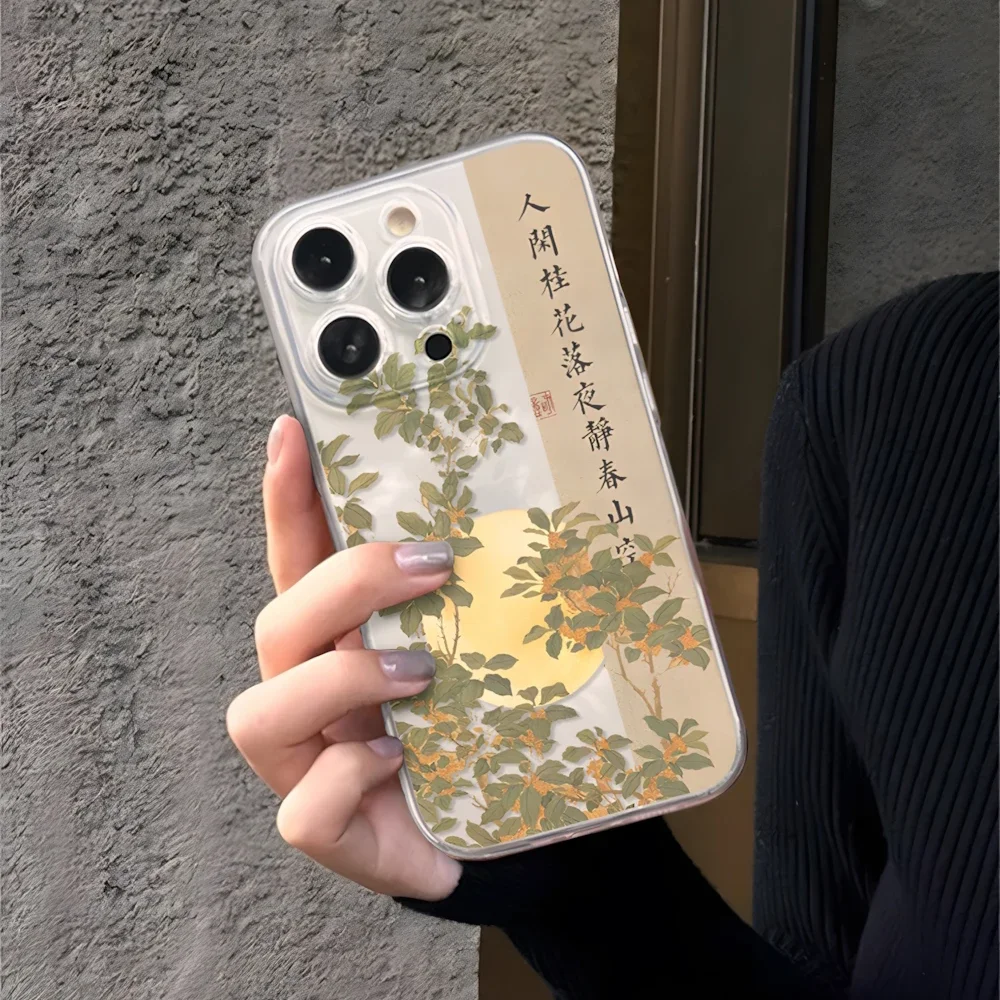 Chinese Ancient Poem Clear Floral Case for iPhone 15 16 Plus 12 13 11 14 Pro Max XR Aesthetic Art Ultra Thin Soft Silicone Cover