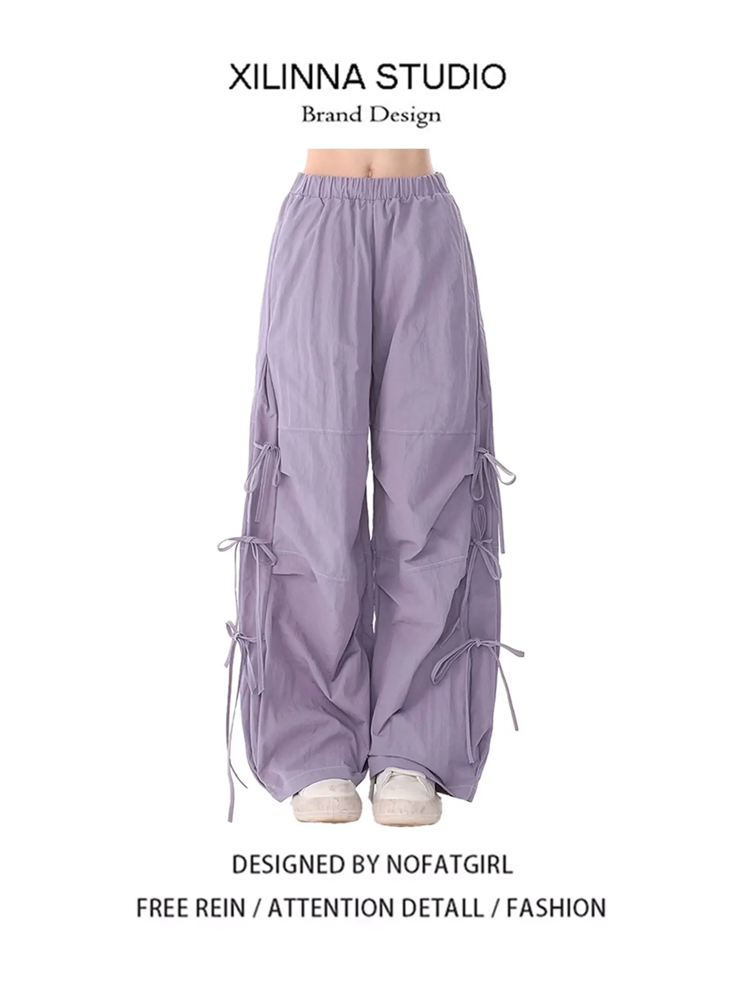 

Purple Dopane Side Tie Knot Wide Leg Pants Women's High Waist Straight Casual Floor-Length Trousers