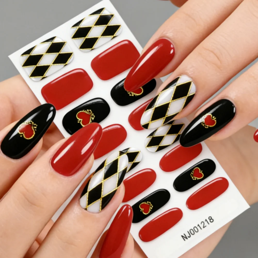 16Tips/Sheet Red Black Checkerboard Heart UV Gel Nail Strips Need UV/LED Lamp Nail Wraps Self-Adhesive Full Nail Polish Stickers