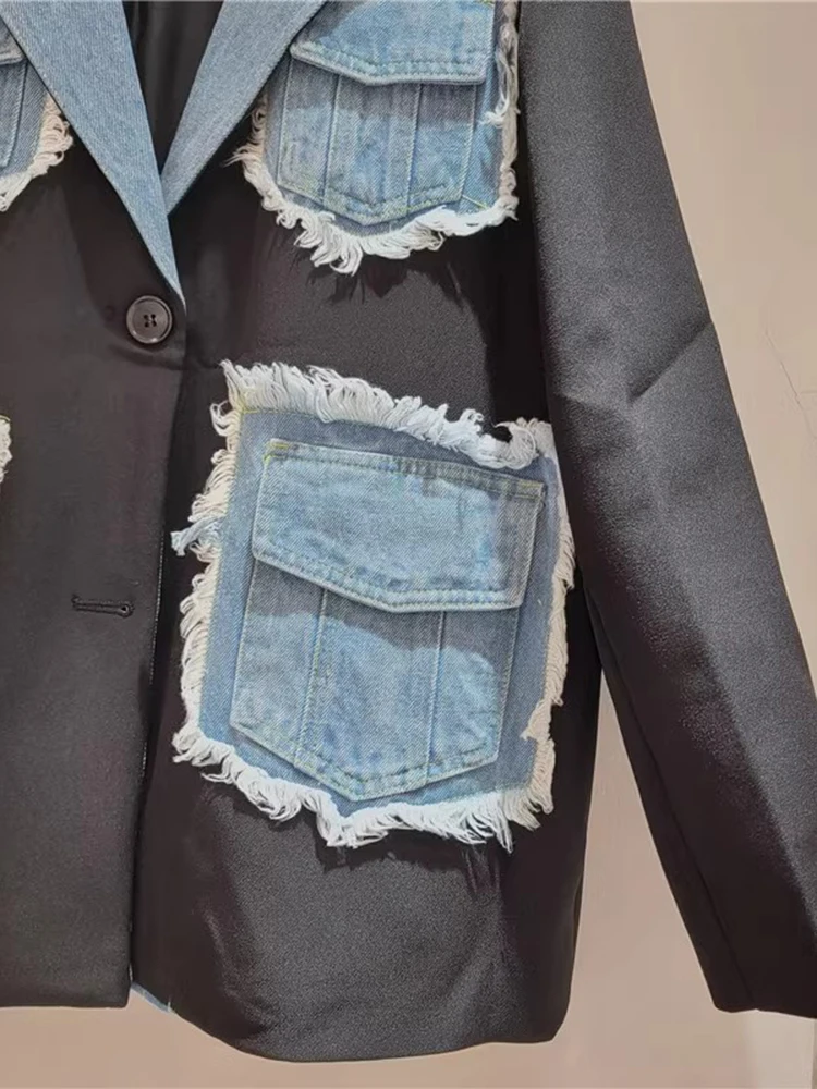 CHICEVER-Blazer en denim patchwork pour femme, col cranté, manches longues, Hit Document At, ourlet brut, vêtements féminins, automne, nouveau