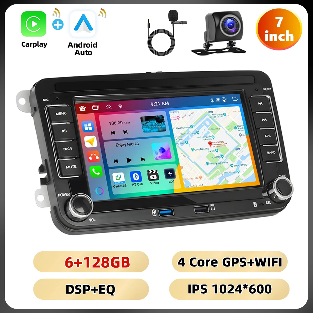 Podofo 7 ''6 + 128G Autoradio Voor VW/PASSAT/GOLF/SCIROCCO Multimedia Speler navigatie Carplay Android Auto WIFI BT RDS Auto Audio