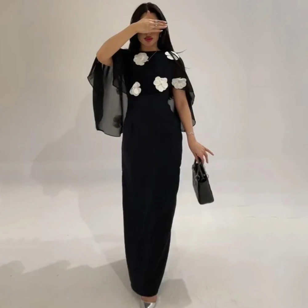 Simple Black Straight Evening Dress Delicate 3D Flower with Cloak Short Sleeve Women Customized Formal Party Guest Gowns