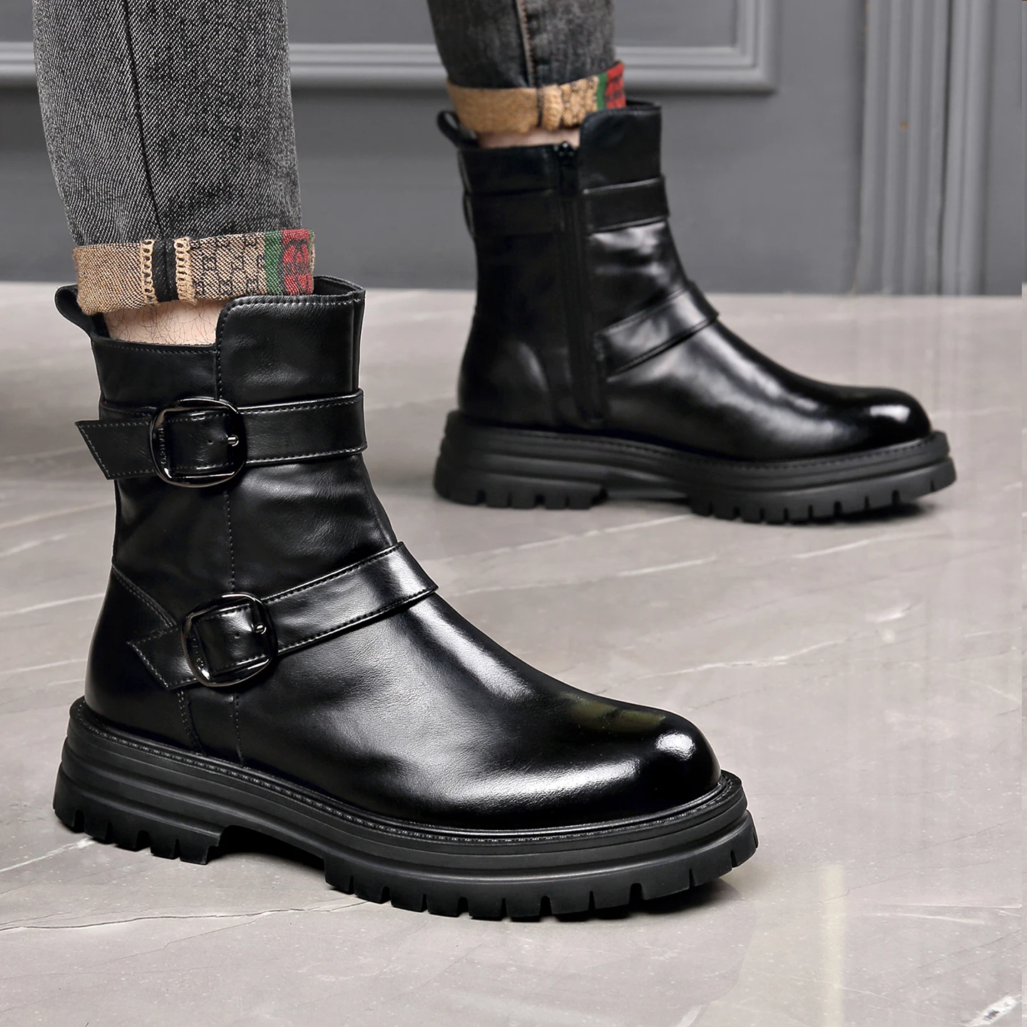 

Work Boots Men's 2025 New Winter Velvet Warm M British Style Retro Heightening Chelsea Motorcycle Cowboy Boots Combat