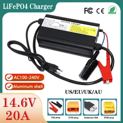 14.6V 20A LiFePO4 Battery Smart Charger AC100-240V For4S 12V 12.8V 100A 200A 280A Lithium iron Cells Fast charging Aluminum Case