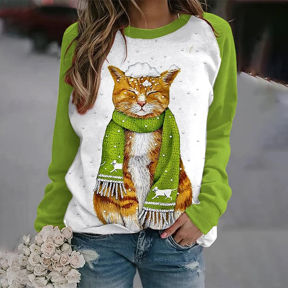 T-shirt a maniche lunghe in cotone per donna Divertenti felpe con stampa di animali gatto Kawaii Felpa da donna con pullover con o-collo carino