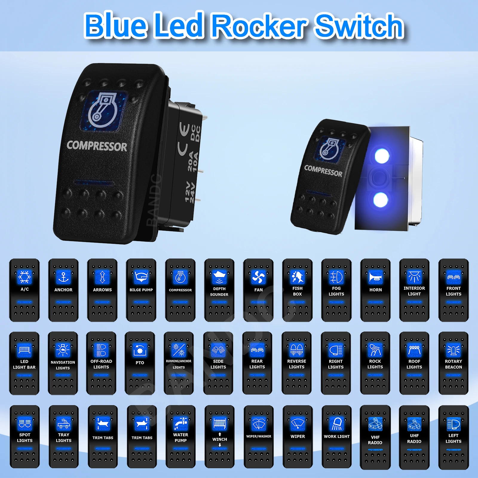 Compressor Rocker Switch 5P SPST On-Off Illuminated Blue Led Light for the ARB/Carling/NARVA 4x4 Style, Waterproof