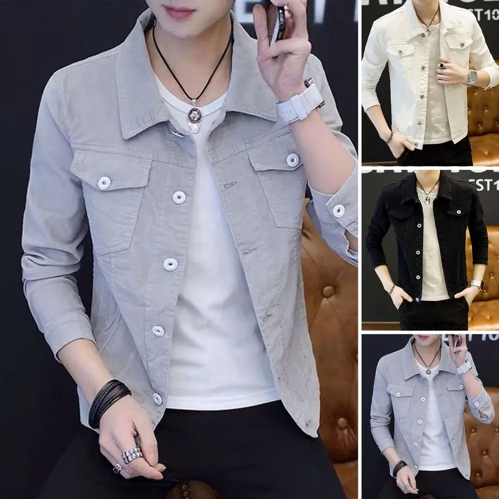 Men Jacket Lapel Jacket Stylish Men\'s Slim Fit Denim Jacket Solid Color Turn-down Collar Long Sleeve Outerwear for Spring Autumn
