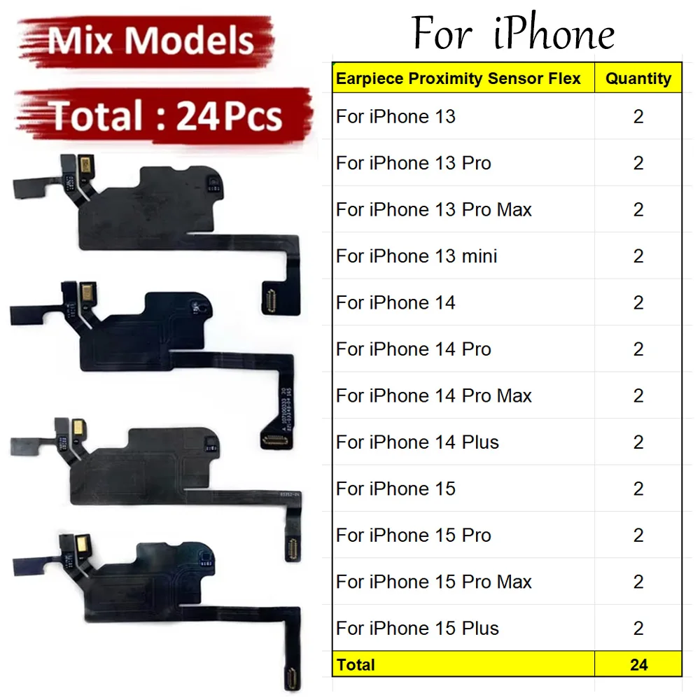 24Pcs, Front Ear Earpiece Speaker Proximity Light Sensor Flex Ribbon Cable For IPhone 13 14 15 Pro Max Plus Mini