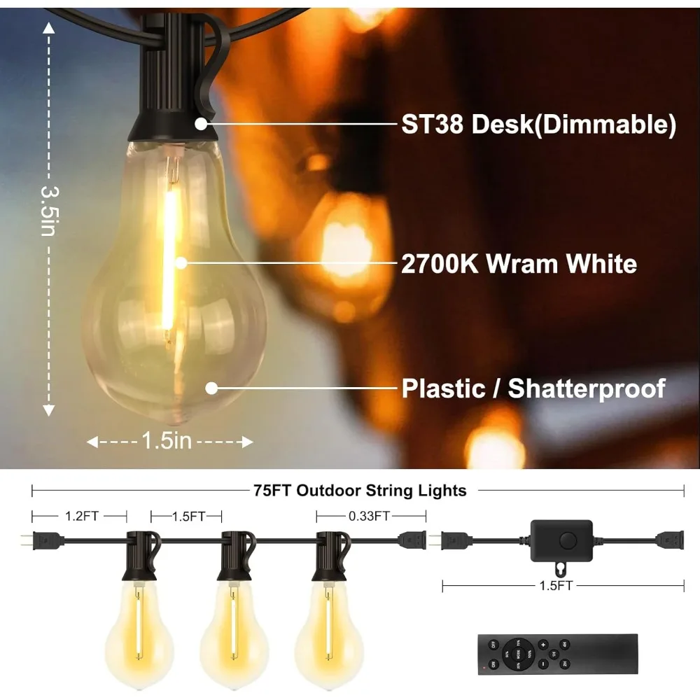 Wetterfeste 75-Fuß-Lichterkette für den Außenbereich mit 50 + 4 Glühbirnen, 1,5-Fuß-Glühbirnenabstand, Fernbedienung und Dimmer, ideal für gewerbliche Terrasse