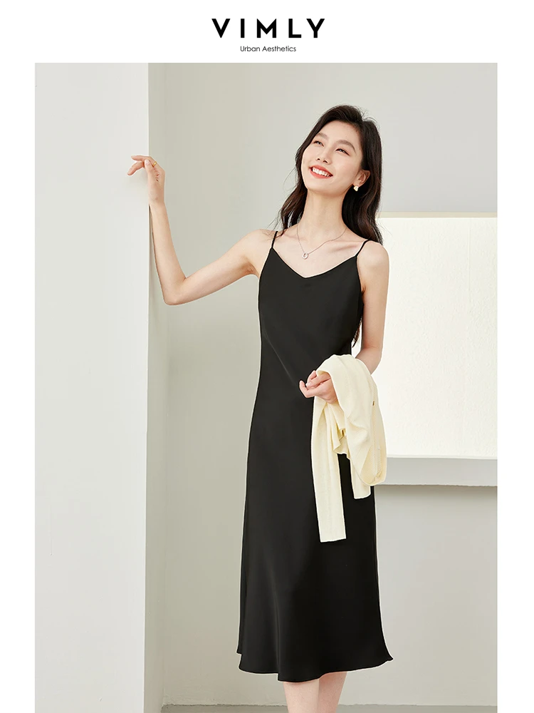 Vimly French Style Dot Spaghetti Strap Dress for Women 2024 Spring Summer Elegant V-neck Sundress s A-line Midi Dresses M5687