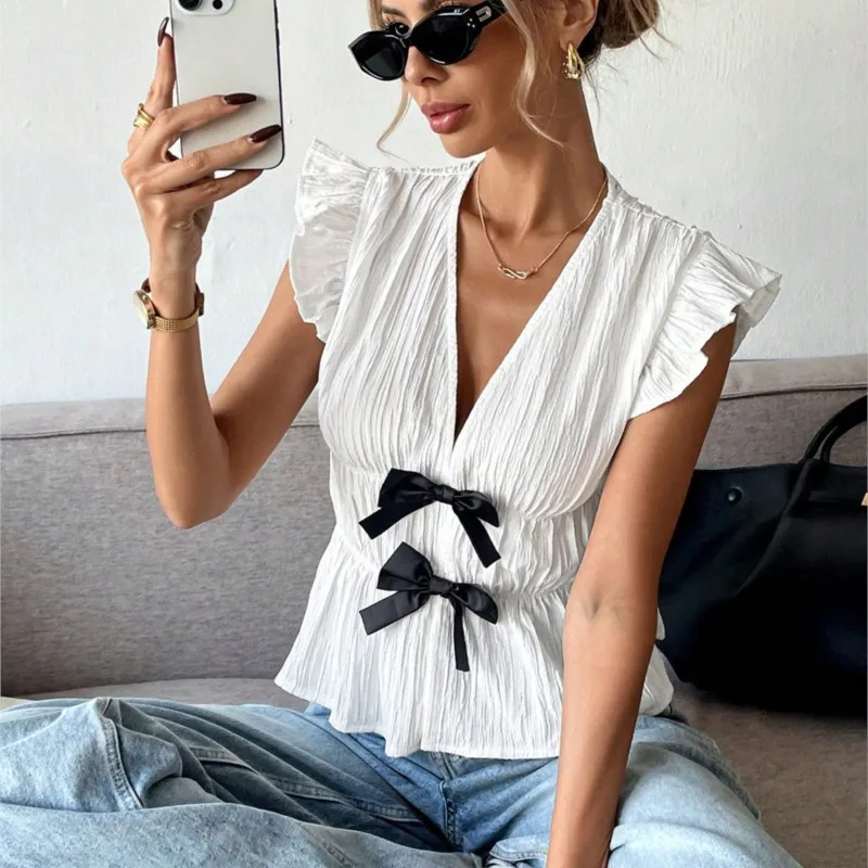 White Tops For Women Summer Thin Solid Color Deep V Neck Black Bow Front Frill Flying Sleeve Smocked Shirts & Blouses Streetwear