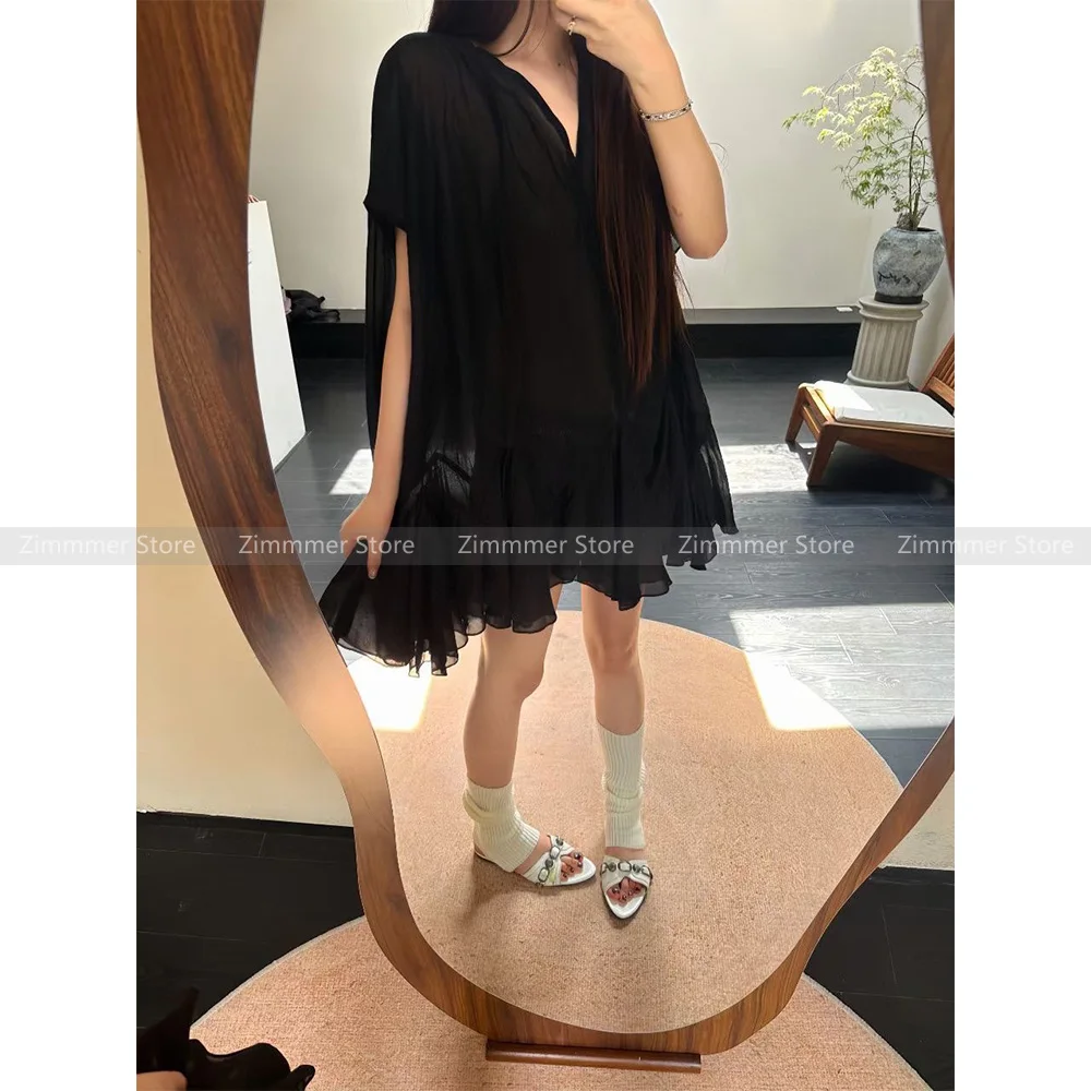 

Spring and Summer New Black Sexy Splicing Tulle Irregular Loose Shirt Top