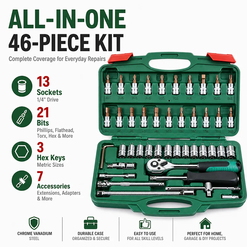 46Pcs 1/4 Inch Drive Socket Set, CR-V Ratchet Wrench Tool Kit with Bit Sockets Extensions, Auto Car Repair Hand Tool Case