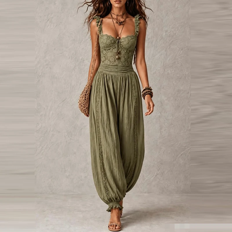Women Elegant Ruffle Waist Solid Playsuit Overalls Casual Sleeveless Long Romper Sexy V-neck Lace Trim Spaghetti Strap Jumpsuits view 4
