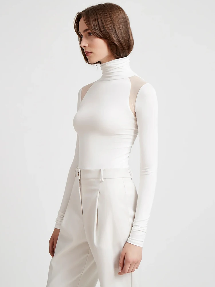 Ahagaga Fashion Sexy Patchwork Bodysuits Women Solid Full Sleeve Streetwear Regular Casual Slim Elegant Ropmers Tops Turtleneck