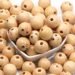 5/10/20Pcs Pure Natural Wooden Beads With Smiling Face Pattern Circular Beads For DIY Jewelry Making Necklaces Bracelets Crafts