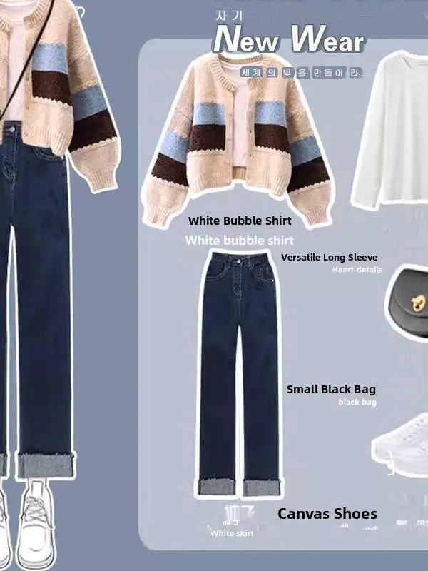 Nova Moda de Outono 2024 Cseta Base de Tamanho ande Suéter Conjunto Versátil de Jeans de Aodão com Zíper de Manga Long...