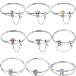 New 925 Sterling Silver Colorful Flower Butterfly Daisy Bracelets With Safety Chain Fit DIY Charms Beads Fine Birthday Jewelry