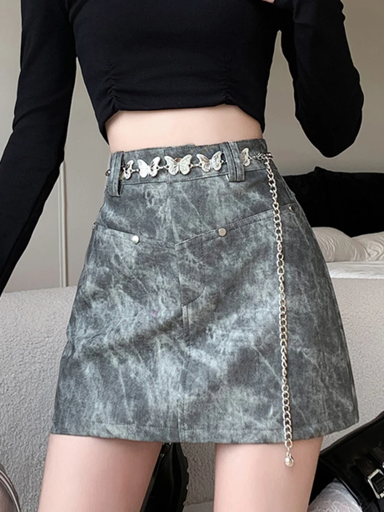 

Tie Dye PU Leather Short Skirt Women's Autumn High Waist A-line Fashion Slimming Versatile Lining New Miniskirt Butterfly Belt