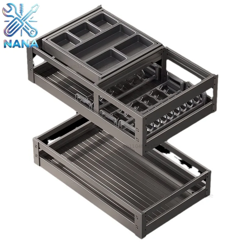 Kitchen basket cabinet aluminum alloy drawer type bowl basket seasoning inner basket double layer pull blue storage