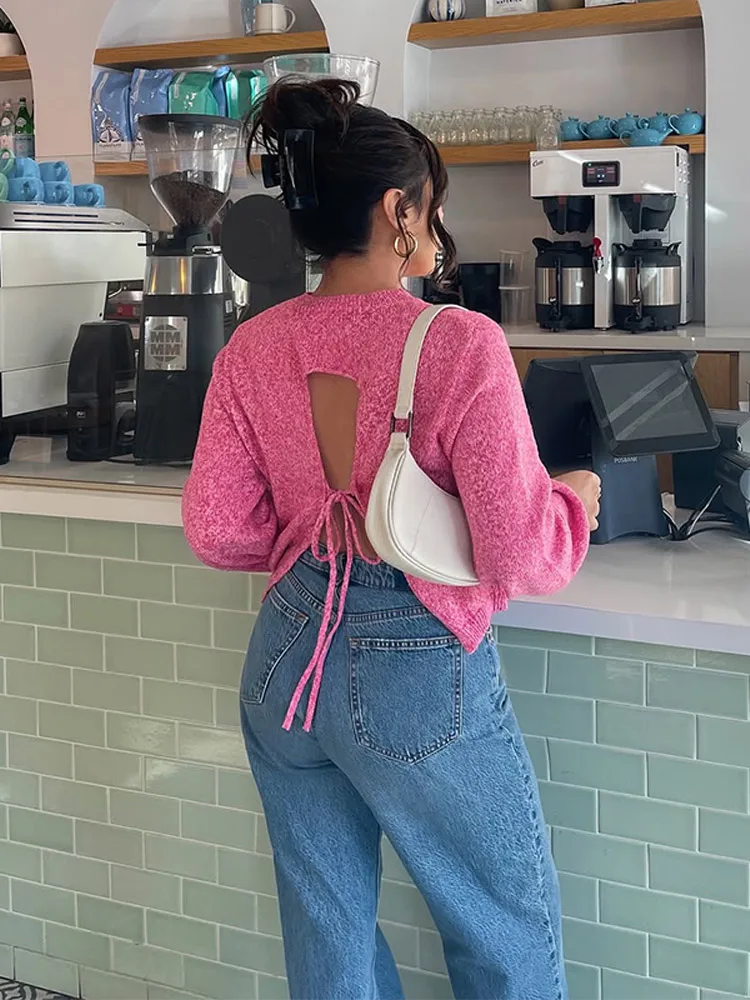 Women Solid Backless Knitted Sweater Casual Lace Up Round Neck Full Sleeve Loose Pullover Lady New Daily Street Autumn Pullovers
