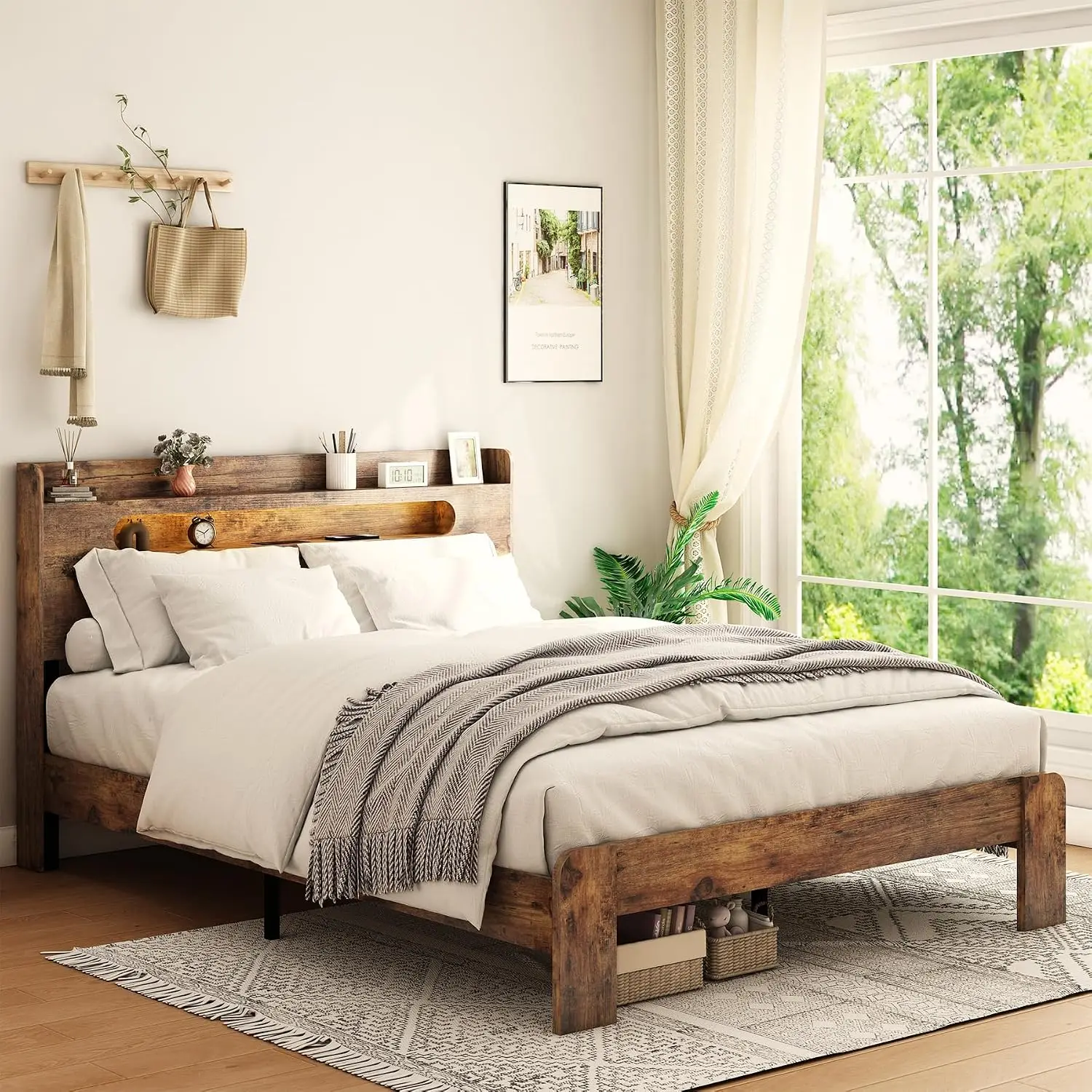Wooden Queen Size Bed Frame with Storage Headboard, Rustic Farmhouse Platform Bed Frame Queen with Charging Station & LED Lights - view 3