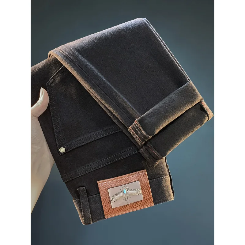 黒の細身ジーンズ メンズ トレンド ライトラグジュアリー 2025年新作 カジュアル ストレッチ 秋冬 厚手パンツ