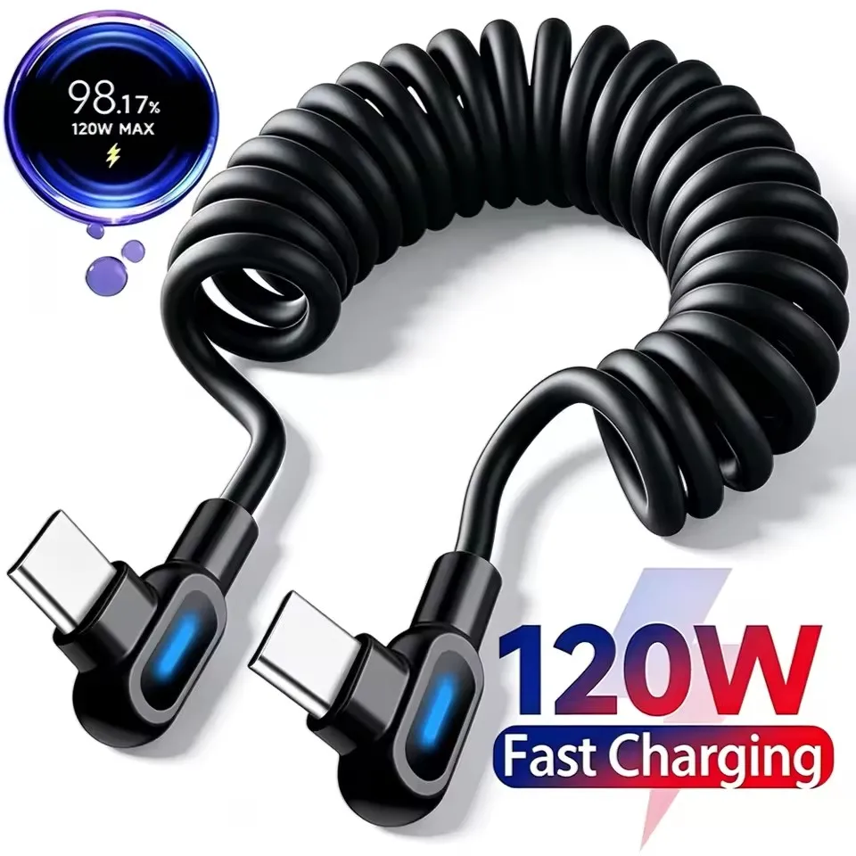 120W 6A Elbow USB C Fast Charging Cable Stretch Spring Data Cord For iPhone Samsung Xiaomi Huawei Phone Car Charge Type C Cable
