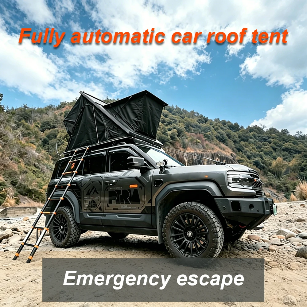 

J3 Fully automatic rooftop tent, sunroof access, direct A/C, 360° skylights, with emergency escape version.