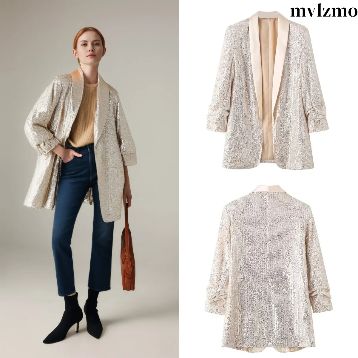 2024 Women\'s fashion British style full body sequin cardigan green fruit collar blazer temperament tops