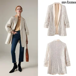 2024 Women's fashion British style full body sequin cardigan green fruit collar blazer temperament tops