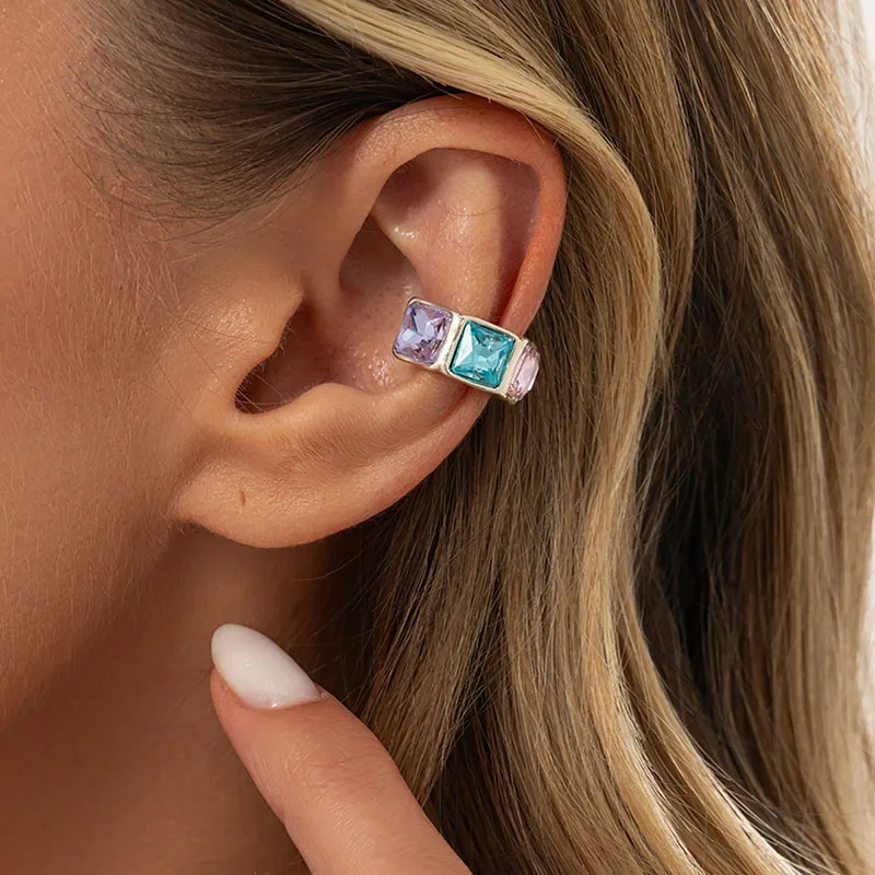 Fashion Colorful Acrylic Diamond Clip Earrings for Women Trendy C-shaped Geometric Fake Piercing Ear Cuff Jewelry Girl Gifts