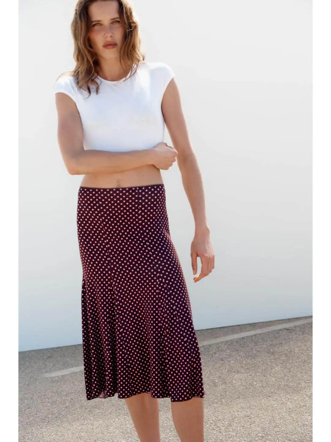 

Spring High Waist Midi Skirt Polka Dot Asymmetrical Mid-Length Half Body Skirt Women's Citywalk Polyester Fiber A-Line Skirt