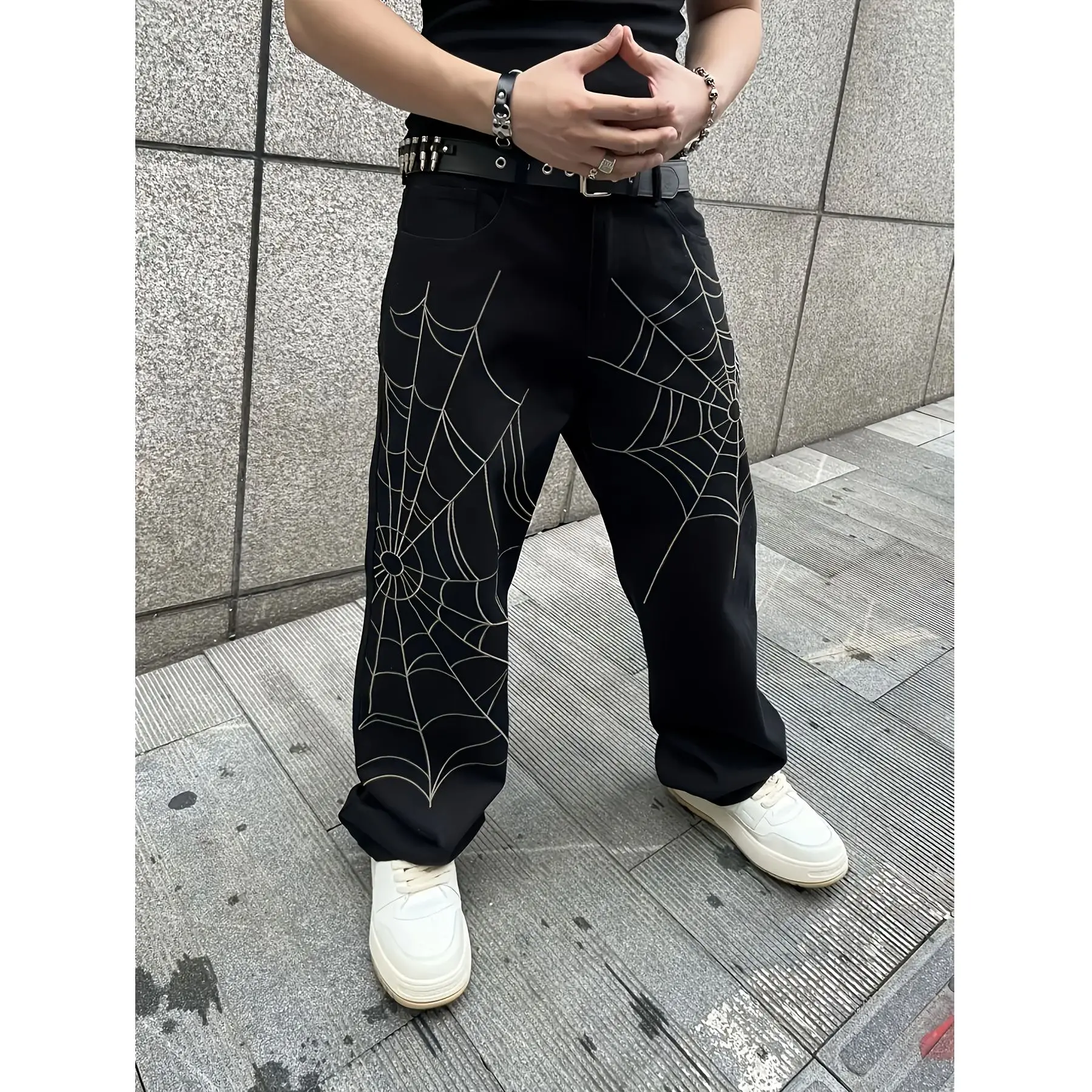 جينز فضفاض للرجال بتصميم شبكة العنكبوت القوطية، جينز مع جيوب ملابس العمل، التزلج، ملابس العمل السوداء في الشارع، كبير الحجم #3