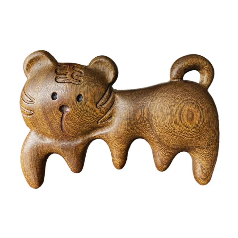 Wooden Massager Sandalwood Cute Tiger Massage Comb Head Meridian Gua Sha Scalp Relaxation Acupuncture Therapy Wide Teeth Comb