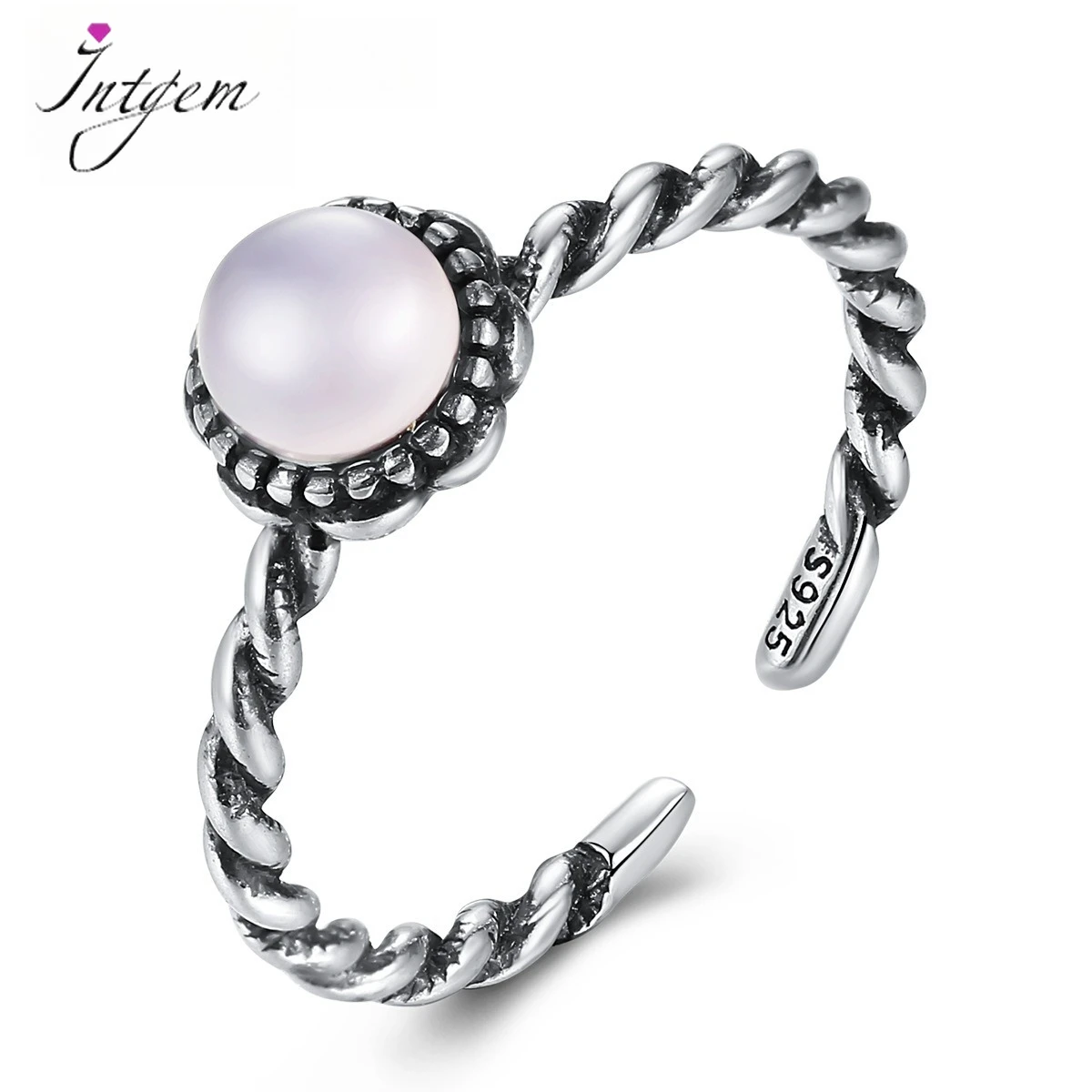 

S925 Sterling Silver Moonstone Open Ring with Round Natural Stone pink Crystal Twisted doughnut Vintage Simple Rings for Women