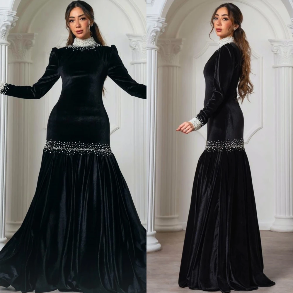 Customized  Ball    Velour Pearl Ruched Mermaid High Collar Bespoke Occasion Gown Long Es Saudi Arabia