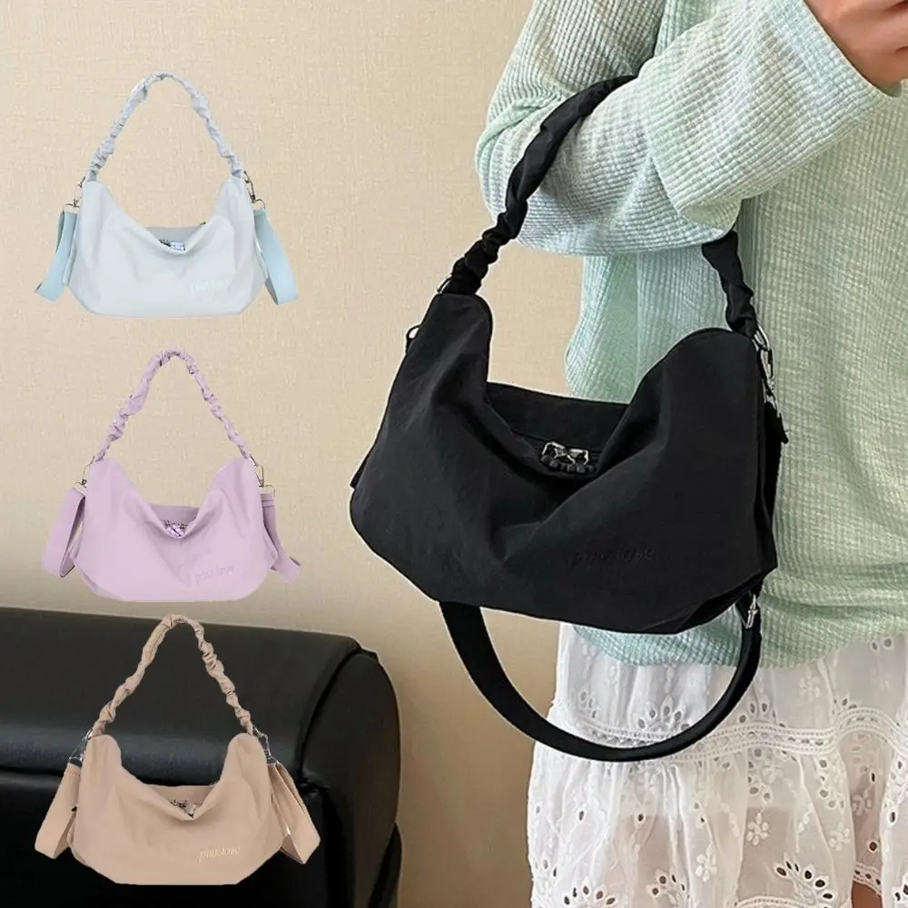 

Simple Solid Color Pleated Shoulder Bag Leight Weight Large Capacity Nylon Crossbody Bag Leisure Casual Women's Handbags Outdoor