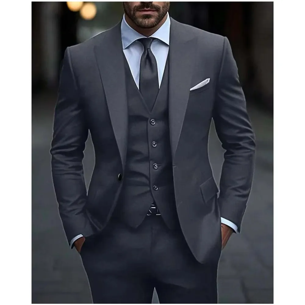 Elegant Dark Grey Men Suits Slim Fit 3 Pieces Jacket Pants Vest Single Breasted Peaked Lapel Groom Formal Bespoke Male Sets