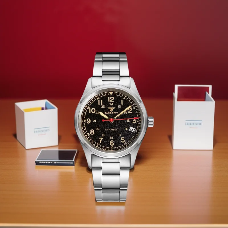 

Tandorio 36MM NH35 Small Pilot Aviator Style Automatic 20ATM Diving Military Wristwatch Men Oil Crow Dial 3.8 Date Arrow Hands