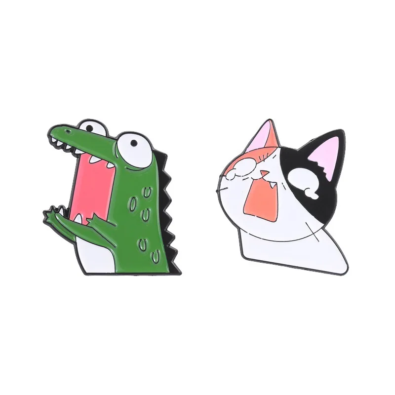 Funny cat crocodile badges, cartoon exaggerated expression animal pattern pins, accessories for clothing bags, gifts for friends