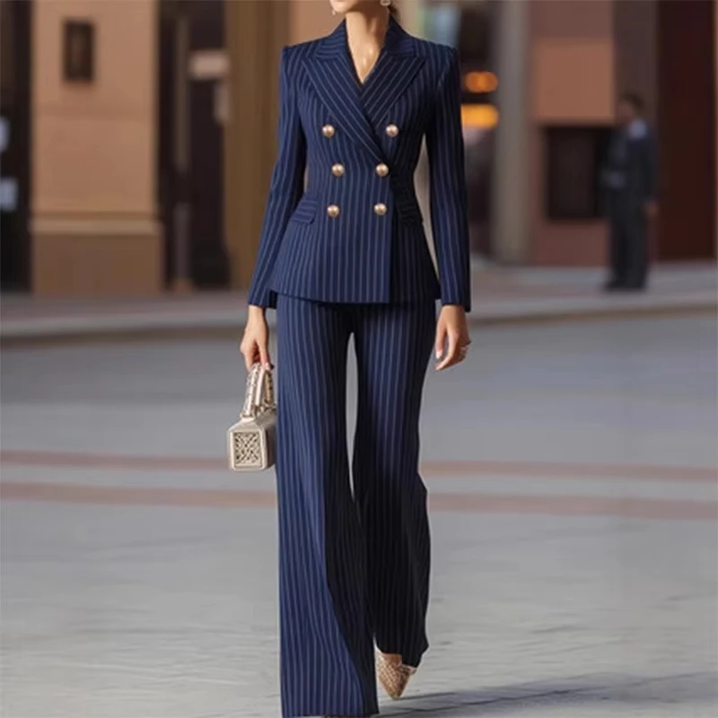 Fashion Ladies Pant Suit Women Striped Female Business Work Wear Jacket Blazer and Trouser Formal 2 Piece Set