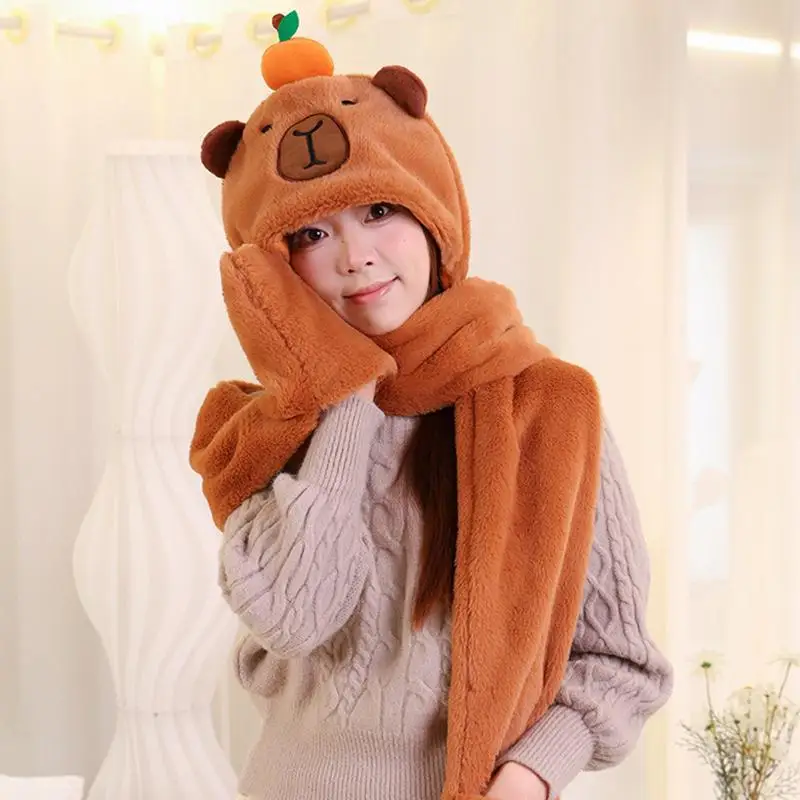 3 In 1 Cute Capybara Hat Scarf Gloves Set Warm Capybara Plush Hooded Scarf Beanie Caps Perfect Winter Gift For Women Girls