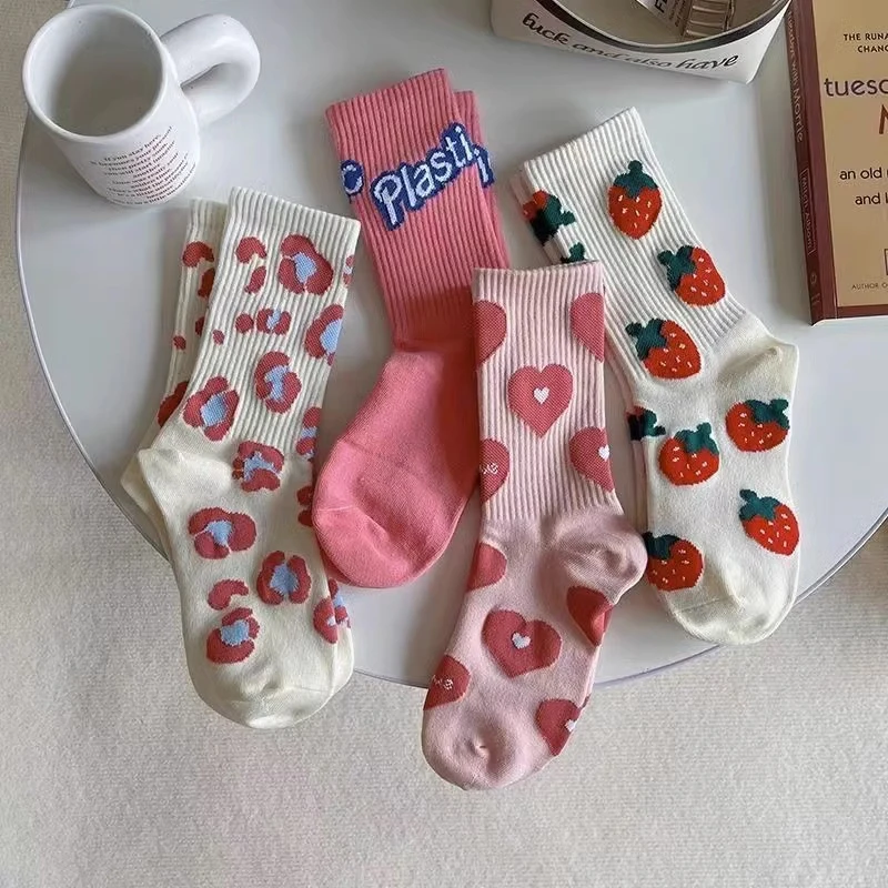 Pink Socks Women\'s Spring Trend Versatile Mid Tube Socks Love Letter Cute Kawaii Long Socks Ins Trendy Outwear Women\'s Socks